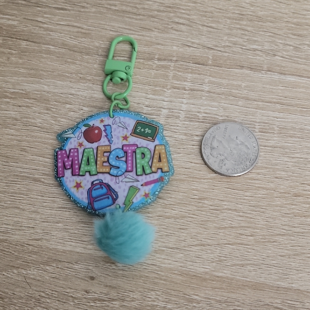 Green and Blue Key & Card Holder with Pom Pom